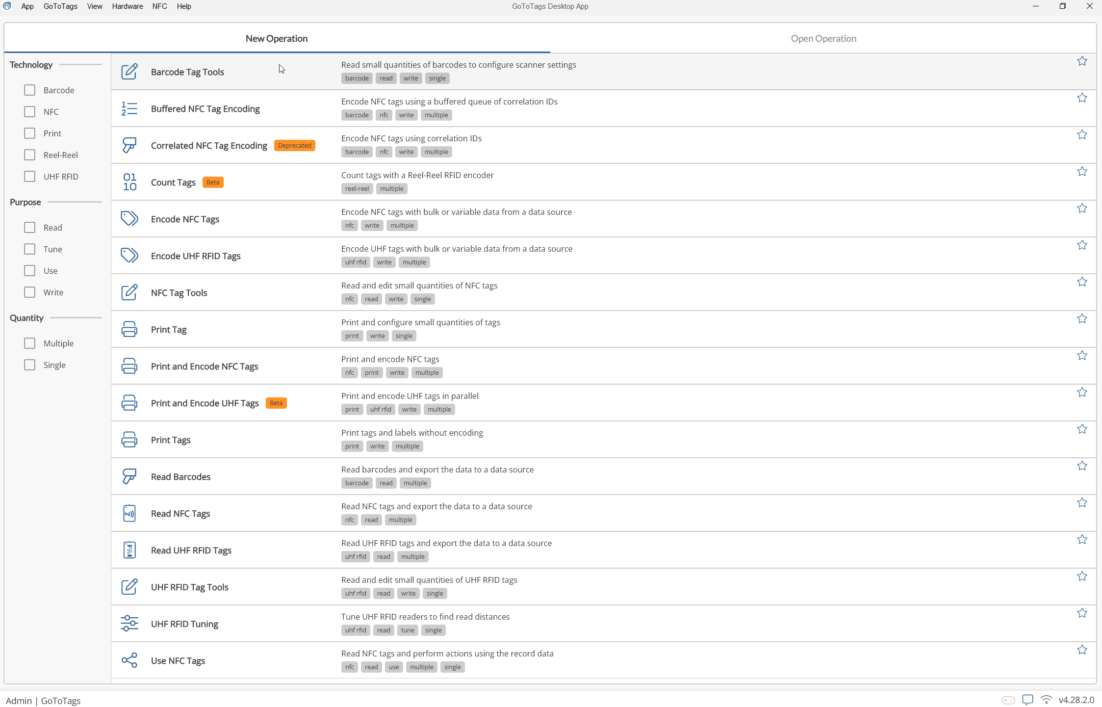 Operation Chooser Window GoToTags App